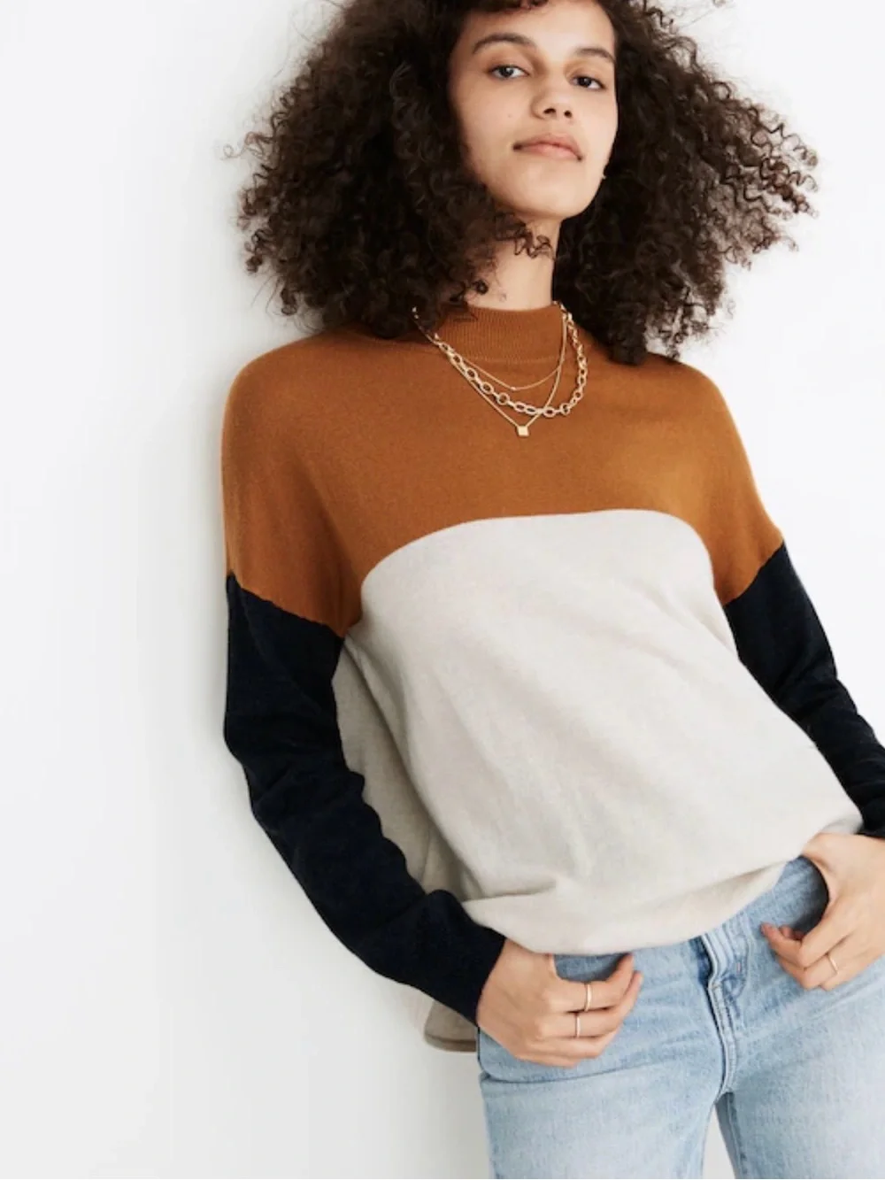 Madewell Colorblock Ashbury Mockneck Sweater Size Small Mustard Cream & Navy